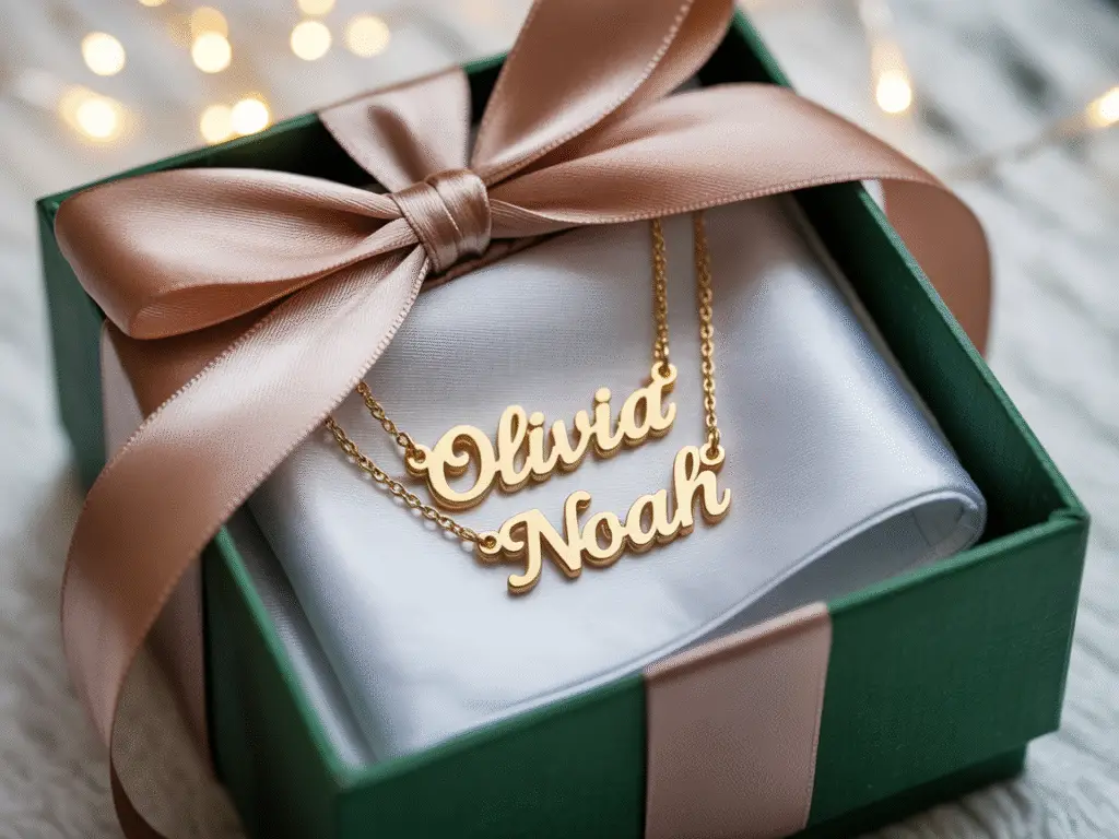 a-photograph-of-a-luxurious-gift-box-wit_10ataxJ7SfqlpuFwootWAA_ZHxPKag7RryhCPtlhrha3Q Gift-wrapped custom name necklaces for Christmas.