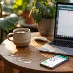 A cozy, feminine workspace featuring a wooden desk with a laptop displaying a digital product (like a planner), a cup of coffee, scattered personalized jewelry pieces (like name necklaces), and a smartphone showing an active WhatsApp chat.