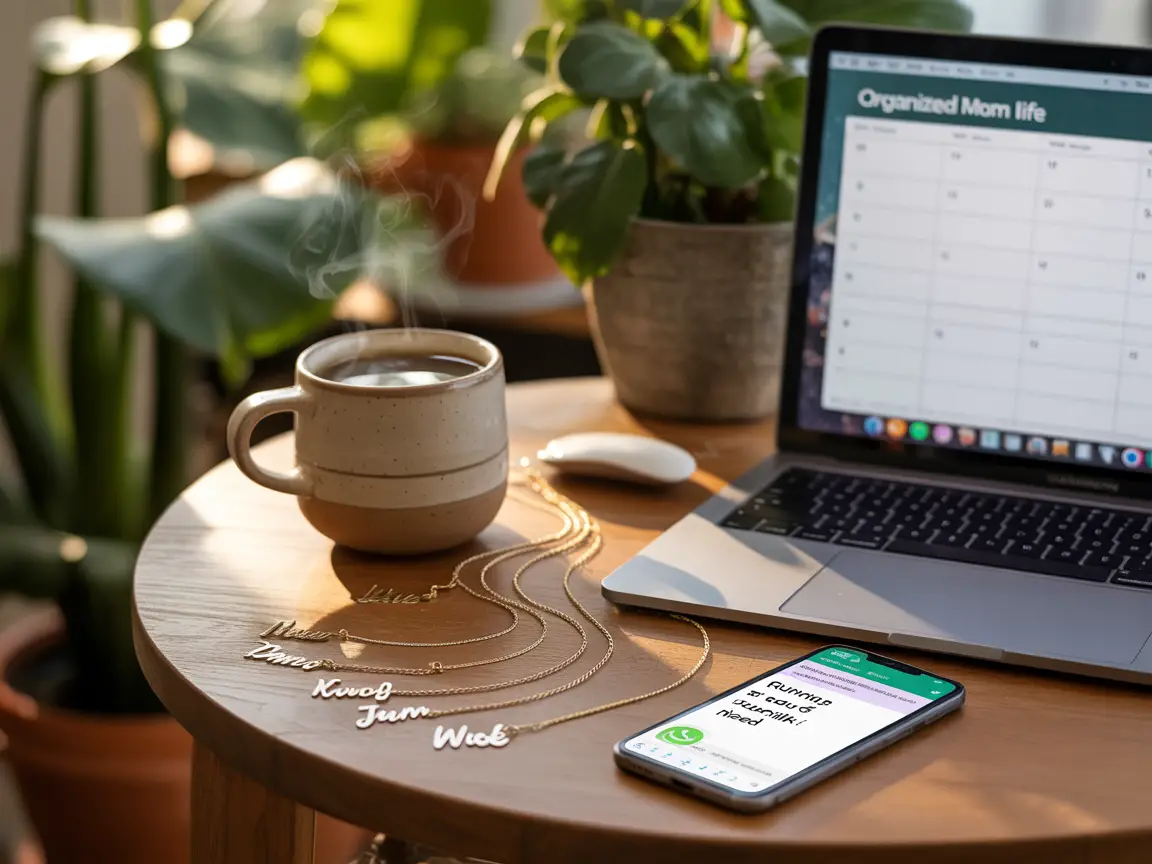 A cozy, feminine workspace featuring a wooden desk with a laptop displaying a digital product (like a planner), a cup of coffee, scattered personalized jewelry pieces (like name necklaces), and a smartphone showing an active WhatsApp chat.