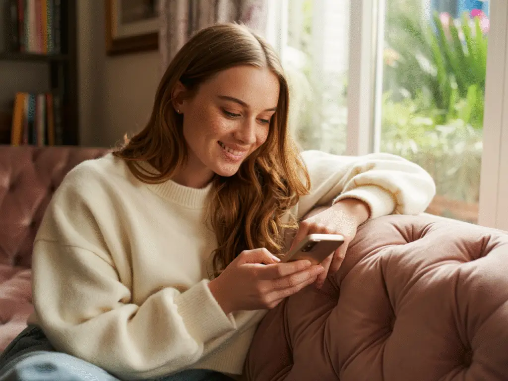 a-photograph-of-a-young-woman-casually-s_y0lEFBgBSxGdMTNtKyAwvw_MpEho-qrTdGOYzmQ4eUQ2g Woman working on side hustle via WhatsApp.