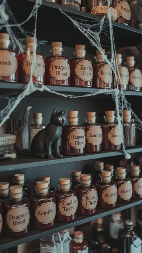 0001_1_a-photo-of-a-shelf-filled-with-diy-potio_7CayItAjQy6YTMVPK90Yww_KblxY73BRJ2R3Am446z7rQ Shelf filled with DIY potion bottles labeled with names like 'Dragon's Blood' and 'Zombie Tears', surrounded by faux cobwebs and a black cat figurine.