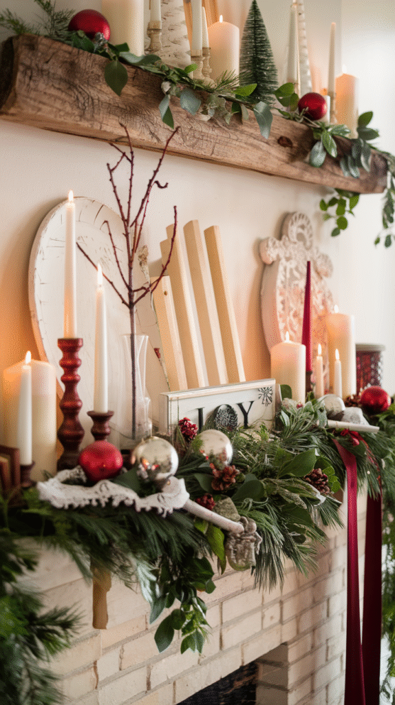 0002_1_a-photo-of-a-beautifully-styled-christma_-VtAVtv9RKm2UpR2U1wxxg_Wha12uXDQAqR3oci-0hcQw A beautifully styled Christmas mantel showcasing a cohesive color palette with 60% cream and white elements, 30% natural wood and greenery, and 10% deep red accents, arranged in perfect balance with varying heights and textures.