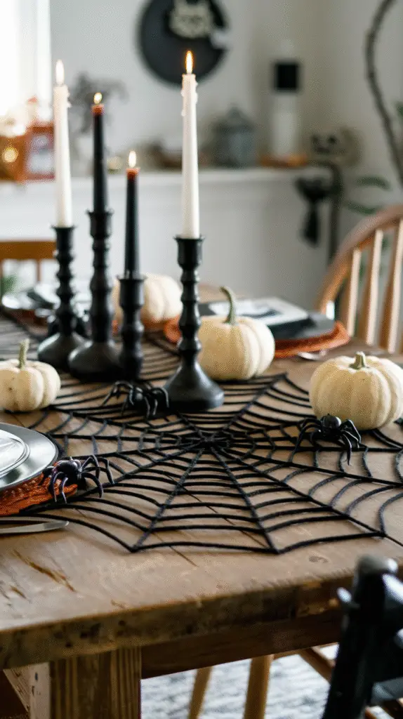 0002_1_a-photo-of-a-rustic-wood-dining-table-wi_TlXePOe0RMe6CK4KaaZb1g_Ge7k4sbDQ-ivwV0VQPcVWA A black spiderweb felt table runner on a rustic wood dining table, decorated with small plastic spiders, black candlesticks, and mini white pumpkins.