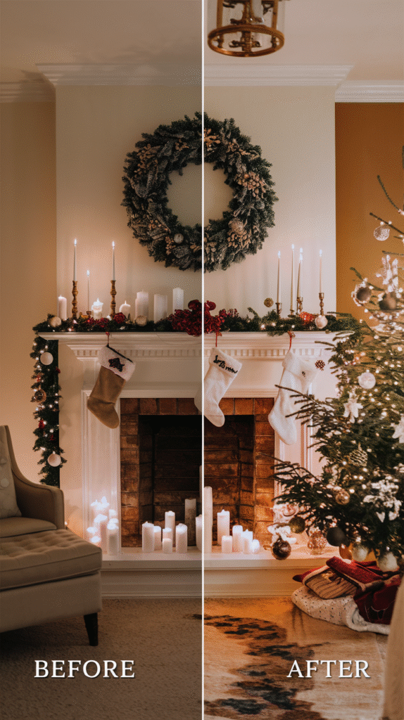 0002_1_a-split-image-of-a-christmas-mantel-tran_3JF07lRaSdOxAxdn8MH8Pg_0swQt3EXRSCLj1BMbFg_7w Split image showing a "before" overcrowded mantel next to an "after" properly scaled and balanced display.