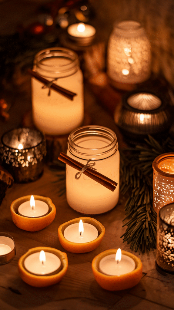 0003_1_a-photo-of-a-warm-and-intimate-scene-wit_WCy6T4yYS6e-EipqpICoQg_vkH_fxsTTsaGwTk7pN45WQ A warm, intimate scene of various candles and luminaries—mason jar candles with cinnamon stick ties, orange peel tea light holders, and battery-operated candles in vintage holders—all creating a soft, golden glow on a wooden surface with pine branch accents.