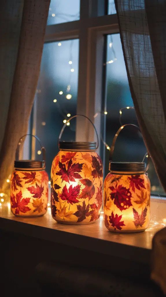 0003_1_a-photo-of-three-diy-lantern-jars-covere_p6rStZyjRwqQ-xFFqJbcxg_AKwdAIkBQVKR05uK__oYmA Three DIY lantern jars covered in colorful pressed fall leaves, glowing on a window ledge at dusk with cozy curtains and fairy lights in the background.