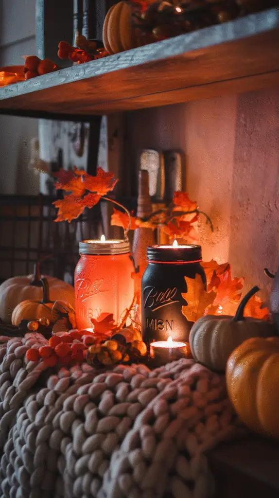 0004_1_a-photo-of-a-cozy-fall-night-scene-with-_9WY4adV4Qbmt7AA4D1iw5g_YbncRMrOSByndki8A10uGQ A cozy fall night scene with glowing mason jars on a rustic wooden shelf
