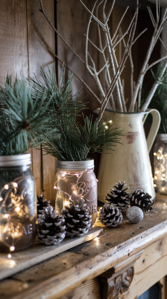 0004_1_a-photo-of-a-rustic-farmhouse-vignette-f_RTjlmWCKTeaWiA0IgG4HEQ_kP2GfFoZRjuRUgPdNUV21Q A flat lay of repurposed household items transformed for Christmas—mason jars with fairy lights, a cozy knit sweater being turned into a pillow cover, pine cones scattered on weathered wood, and brown paper bags tied with twine, all arranged on a rustic wooden surface with soft natural lighting.