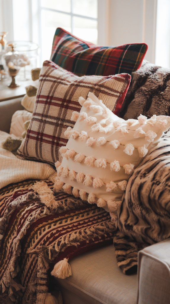 0005_1_a-photo-of-a-cozy-sofa-styling-scene-wit_N4xd1tOwQ0q_XaxXHzjnDA_8_LCLBAMSsm5MWqLMzgQ2w A cozy sofa styling scene with layers of different textured throw pillows and blankets—chunky knit throws, plaid patterns, and faux fur accents—all in a warm color palette of creams, deep reds, and forest greens, photographed in soft natural light.