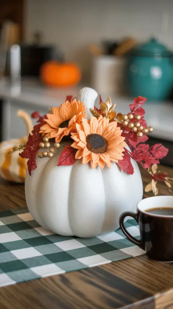 0006_1_a-photo-of-a-foam-pumpkin-painted-matte-_WDb8mmOMS0mzJYQAzxkelA_IohCzAsXQ2WtURmN_lW4Rw Foam pumpkin painted matte white and filled with faux sunflowers, red leaves, and gold berries. Sitting on a wood kitchen table with a buffalo check runner and a cup of coffee next to it.