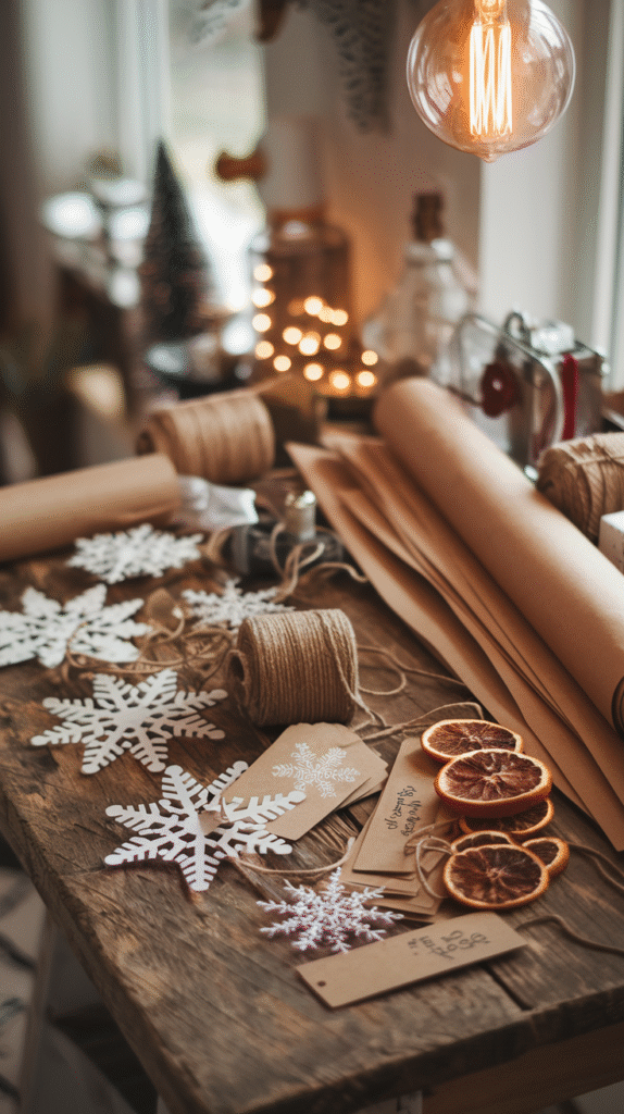 0007_1_a-photo-of-a-cozy-workspace-with-a-rusti_qmIXZcdiSROYb0Q3bhjx-w_jEGmvdgjSpKIfJHnfwdteg A cozy workspace scene with handmade paper snowflakes in various sizes scattered across a rustic wooden table, alongside rolls of brown kraft paper, twine, dried orange slices, and handwritten gift tags, with warm Edison bulb lighting overhead.