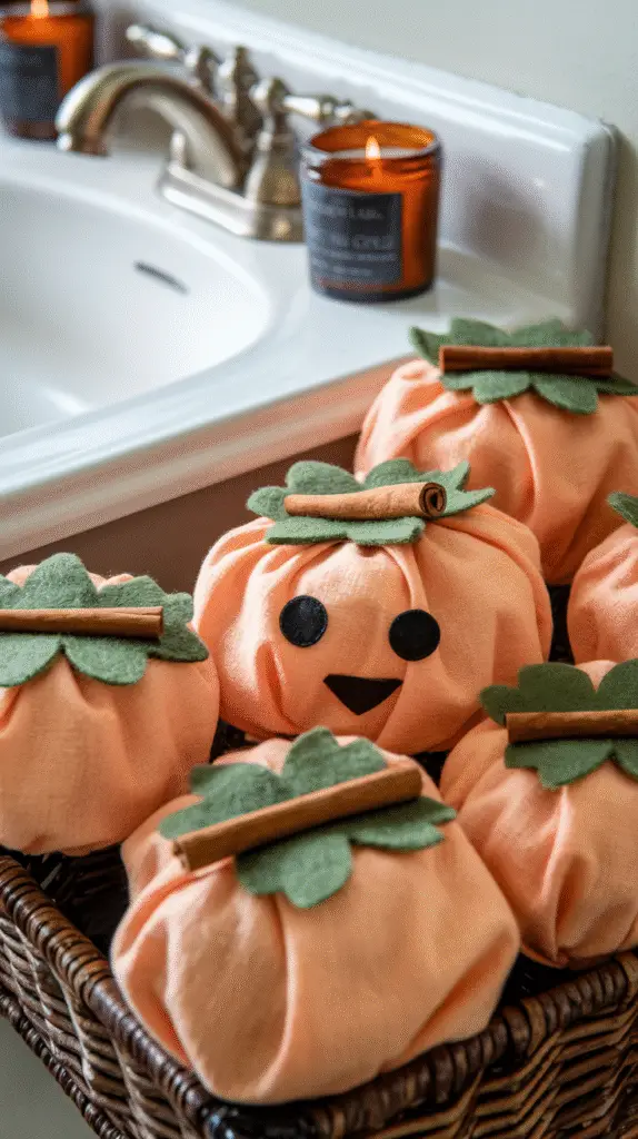 0007_1_a-photo-of-cute-toilet-paper-pumpkins-wr_rdVa9FAXSAO0A1oz5ezT2w_T3TQQvzoQVu-143RB4Laeg Cute toilet paper pumpkins wrapped in soft orange flannel fabric, topped with cinnamon sticks and green felt leaves. Arranged in a basket next to a bathroom sink with fall-scented candles.
