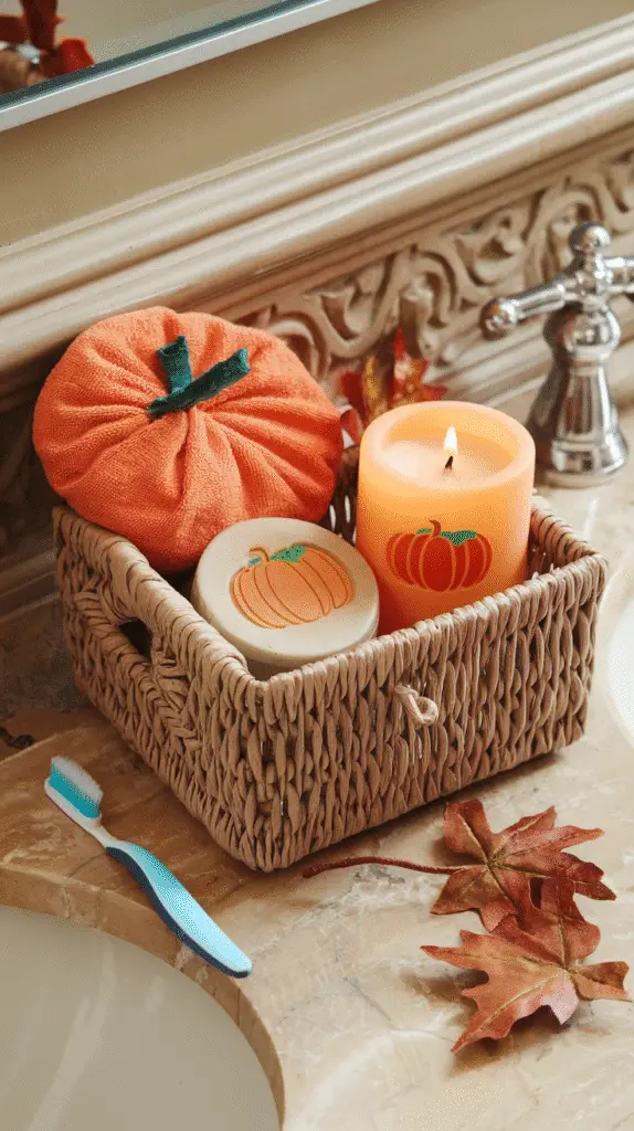 0009_1_a-photo-of-a-cute-woven-basket-on-a-bath_K5fuoUdpQf-P2cciQkEmLg_vs9Y50s8T9Kk6JhG_o4eyQ Cute woven basket on a bathroom counter with pumpkin soap, small orange towel, candle, and faux leaves.