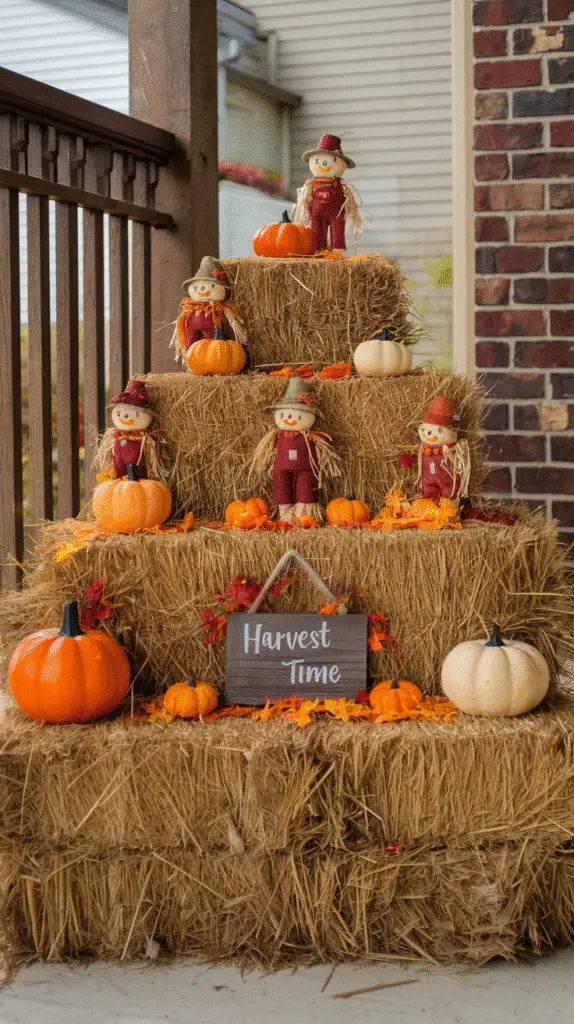 0010_1_a-photo-of-a-tiered-fall-display-on-a-po_LCO3ADkISWOjs18_G4LG2Q_ZIbG6htyTjWcQ_GCQzjgNA Tiered fall display on a porch with mini hay bales stacked and decorated with tiny scarecrows, faux pumpkins, and āHarvest Timeā sign.