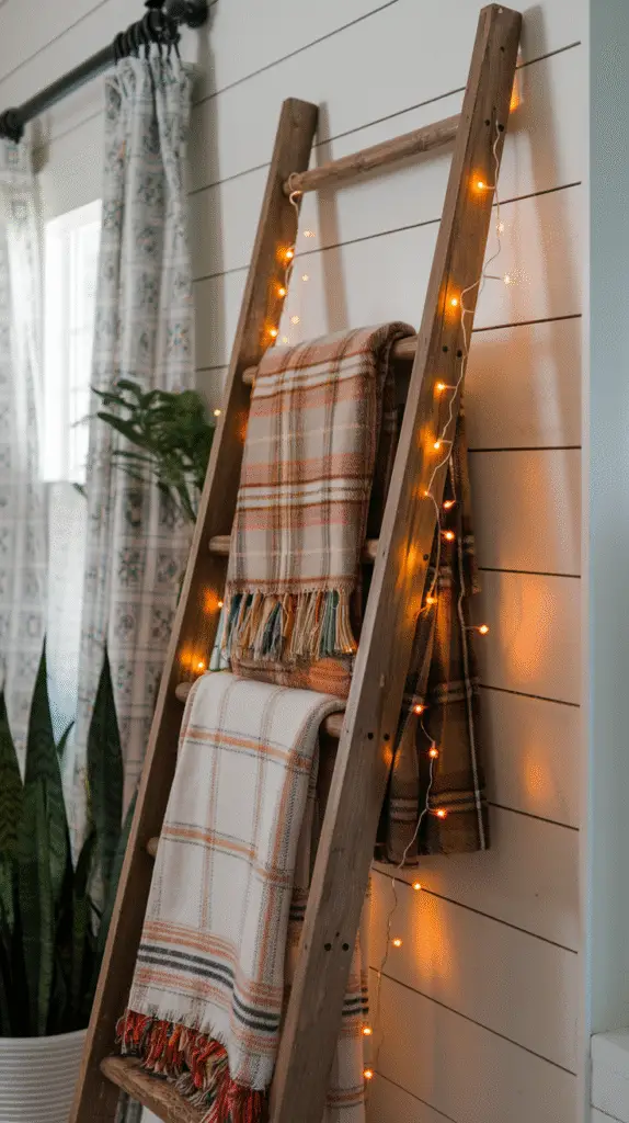 0011_1_a-photo-of-a-wooden-blanket-ladder-leani_lsFltjVITuOav0FRLwKZUg_Cx-bjpESR5G3g_9_n1Qsnw Wooden blanket ladder leaning against a white shiplap wall, decorated with plaid throws and orange fairy lights.