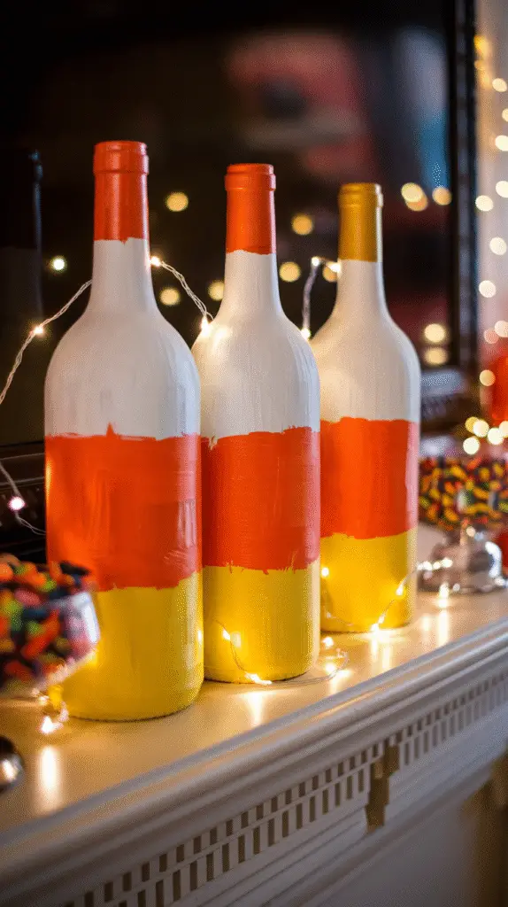 0012_1_a-photo-of-three-wine-bottles-painted-li_RdAyj7jgSwSr2lLjQIQCcQ_YCaUwNbNQdOUVFZAIkf9VA Three wine bottles painted like candy cornāwhite tops, orange centers, yellow bottomsālined up on a mantel with twinkle lights and candy dishes nearby.