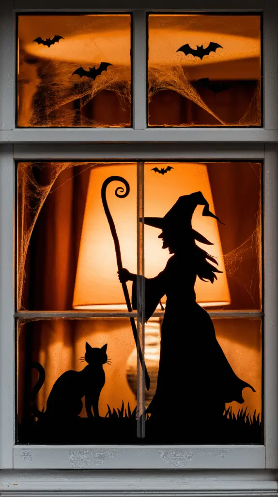 0013_1_a-photo-of-a-front-facing-window-with-si_P0Km85oxRFCIFta6bCeaFg_RukjX8r3TXaJ8I4bUL2gLA Front-facing window glowing with silhouettes of a witch, cat, and bats, backlit by soft orange lamp light.