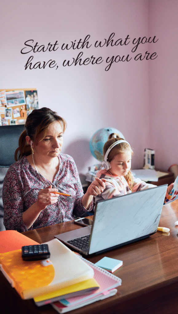 10 Cozy home office setup with a mom working on a laptop while kids play in the background, with inspirational quotes about persistence and creativity floating around. Warm, relatable lighting.