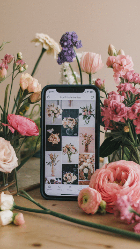 11 Pinterest-style mood board with flower business inspiration, revenue charts, and success quotes, arranged in a visually appealing grid format.