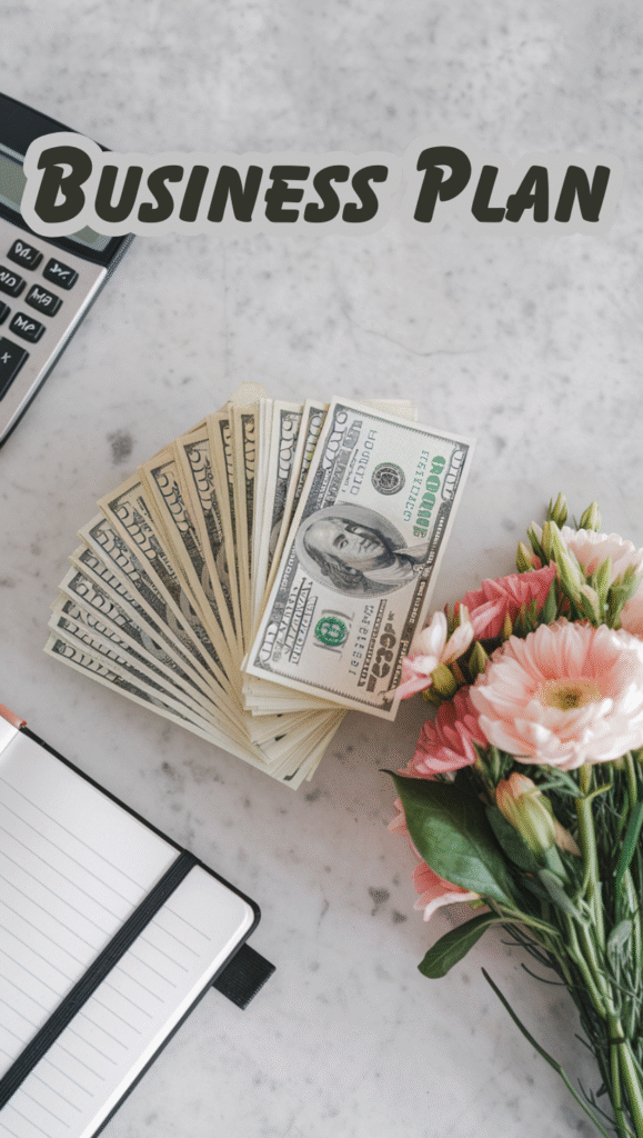 2 Minimalist flat lay with $49,000 in cash, a simple notebook with "Business Plan" written on it, and a single flower. Clean white background with soft shadows.