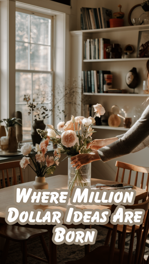 3 Cozy dining room with flowers covering every surface, a woman arranging bouquets with focused concentration, natural lighting streaming through windows. Text overlay: "Where Million Dollar Ideas Are Born
