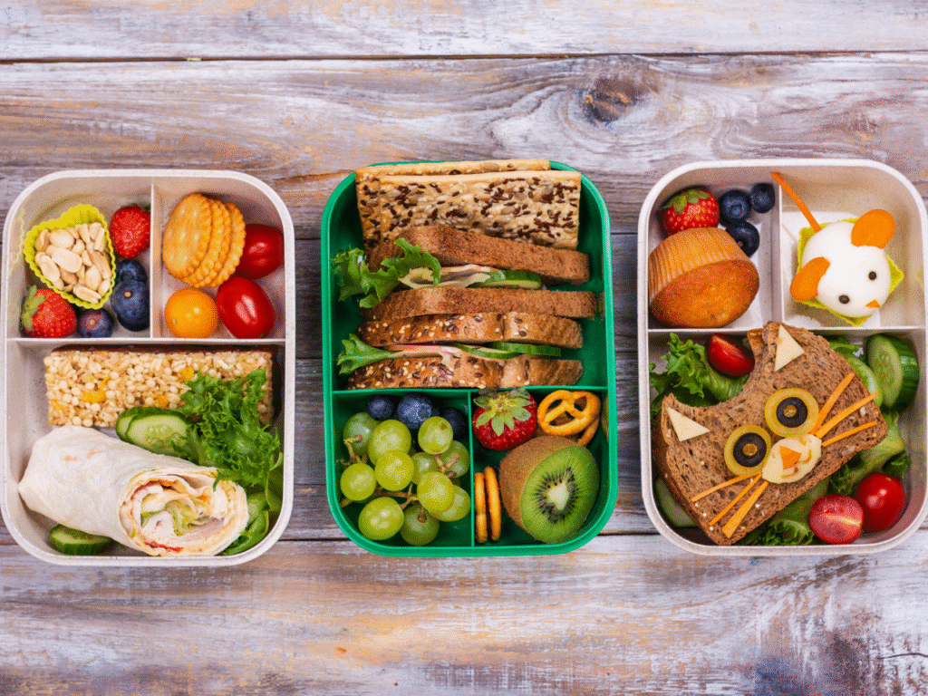 4 A close-up, top-down shot of three different mini "un-sandwiches" in a bento-style lunchbox. One might be mini pita pockets, another ham and cheese roll-ups, and the third, colorful veggie and hummus wraps, all looking fresh and appealing.