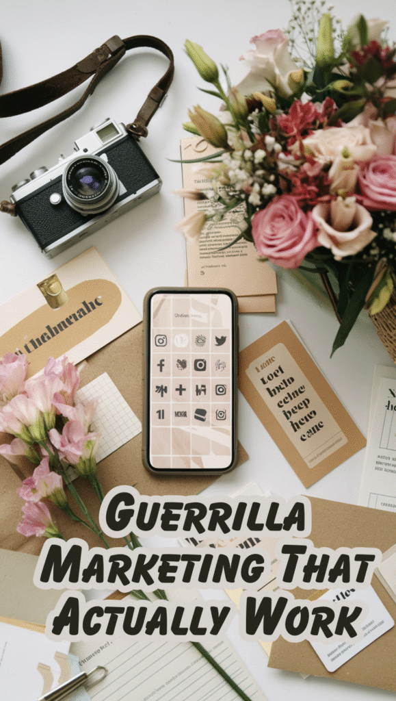 4 Coffee shop scene with beautiful flower arrangements on tables, small marketing cards scattered around, and happy customers in the background. Warm, inviting atmosphere with text overlay: "Guerrilla Marketing That Actually Works"