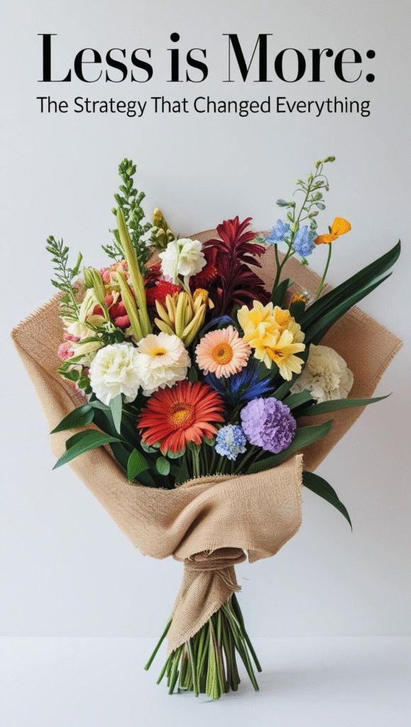 5 Single, stunning mixed bouquet in rustic burlap wrap against a clean background, with text overlay: "Less Is More: The Strategy That Changed Everything