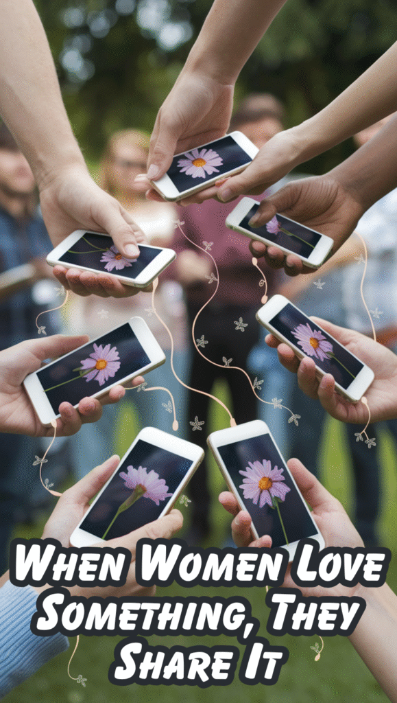 6 Group of women friends laughing and sharing photos of beautiful flower arrangements on their phones, with text overlay: "When Women Love Something, They Share It