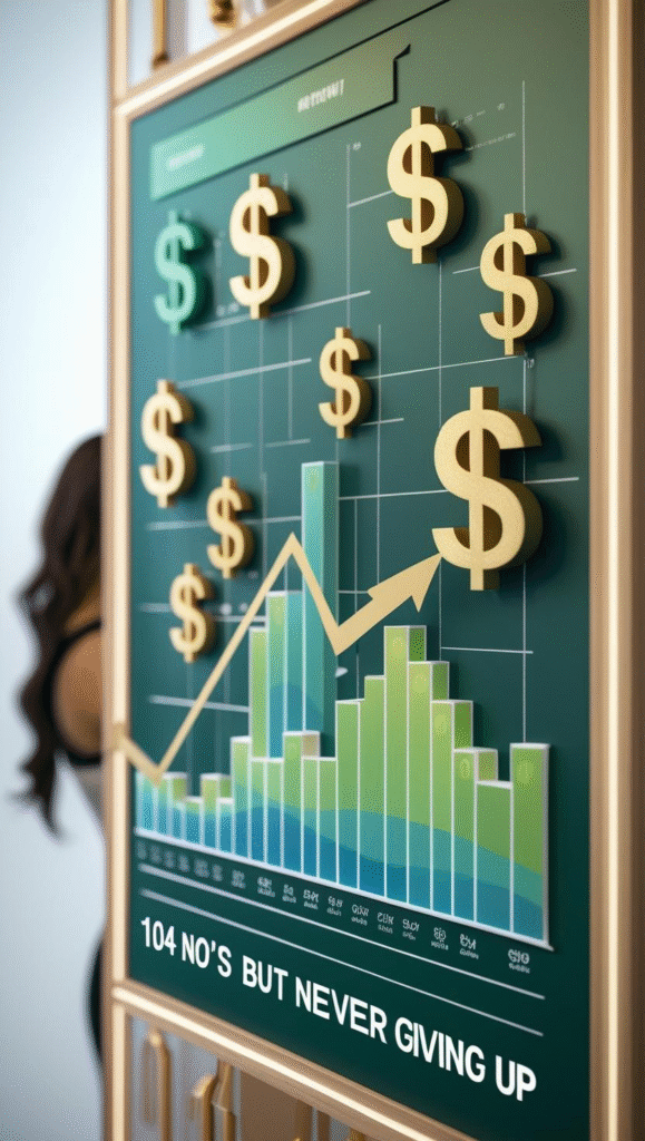 7 Vision board style image with growth charts, dollar signs, and inspirational quotes about persistence, with a woman's silhouette in the background. Text: "104 No's But Never Giving Up