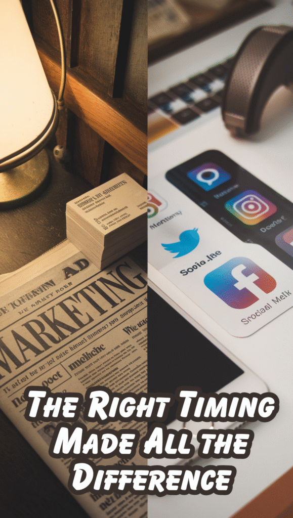 8 Split screen showing expensive Facebook ads dashboard vs. early 2010s simple Facebook interface, with text overlay: "The Right Timing Made All the Difference"