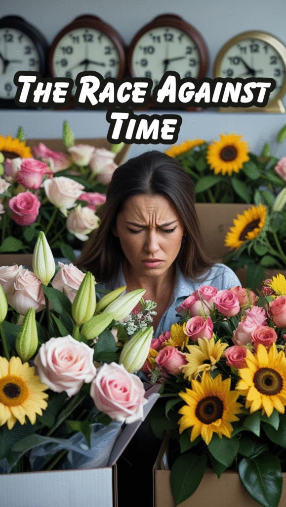 9 Behind-the-scenes image of a woman surrounded by boxes of fresh flowers, looking stressed but determined, with clocks showing different time zones in the background. Text: "The Race Against Time