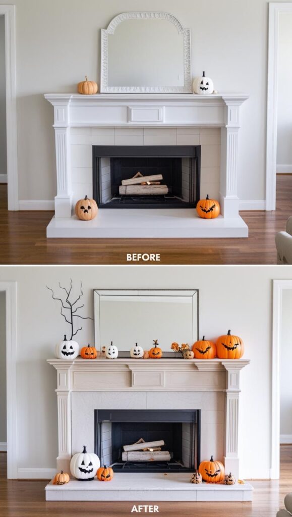 Before and after shots of a plain mantel next to the same mantel decorated with dollar store Halloween finds. Split-screen style showing the dramatic transformation. Before and after shots of a plain mantel next to the same mantel decorated with dollar store Halloween finds. Split-screen style showing the dramatic transformation.