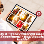 Create a warm, cozy flat lay image featuring a laptop open to Pinterest, scattered ebook covers, a coffee cup with a heart-shaped foam art, colorful sticky notes, a small succulent plant, and soft natural lighting. Include text overlay: "My 2-Week Pinterest Ebook Experiment - Real Results Inside!