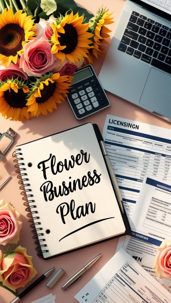 Flower Buisness plan Organized workspace flat lay with business planning materials - notebook with Flower Business Plan written on it, laptop, fresh flowers, calculator, and licensing documents. Clean, professional setup with warm lighting.