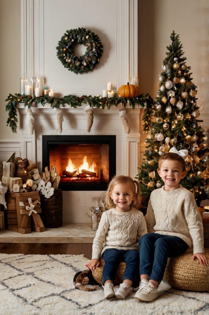 Leonardo_Kino_XL_A_familyfriendly_mantel_display_with_kids_saf_3 A family-friendly mantel display with kids safely enjoying the decorations, showing how the setup works in a real home with children.
