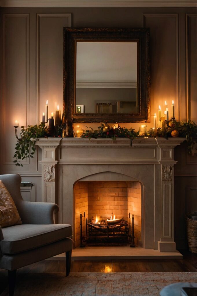 Leonardo_Kino_XL_Evening_shot_of_the_mantel_with_all_the_light_2 Evening shot of the mantel with all the lights glowing, creating a warm, cozy atmosphere in a dimly lit room.