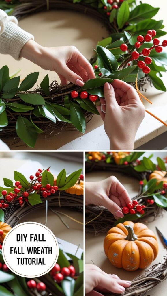 Step-by-step collage showing hands working on the wreath at different stages. Include close-up shots of Clean, organized workspace showing all supplies laid out on a craft table. Include good lighting, maybe a cup of coffee in the corner, and hands reaching for supplies to show the "mom in action" feel. Pinterest-friendly with "Fall Wreath Supply List" text overlay.