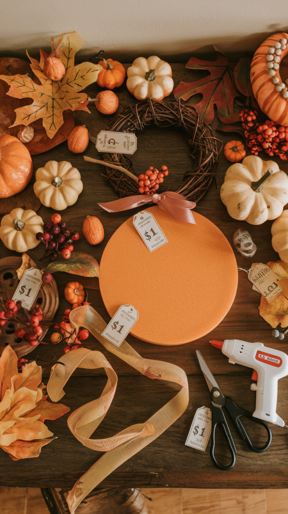 a-flat-lay-photo-of-various-dollar-store_6JyjCPOlTwSCApZt7F7CzA_CjCsP4K3TcuZqKlbGCsVVg Flat lay of various dollar store fall items arranged aesthetically – artificial leaves, mini pumpkins, berries, ribbon, foam wreath base, glue gun, scissors. Use warm autumn lighting and include price tags showing $1 each. Perfect for Pinterest with "Budget Fall Crafting" text overlay.