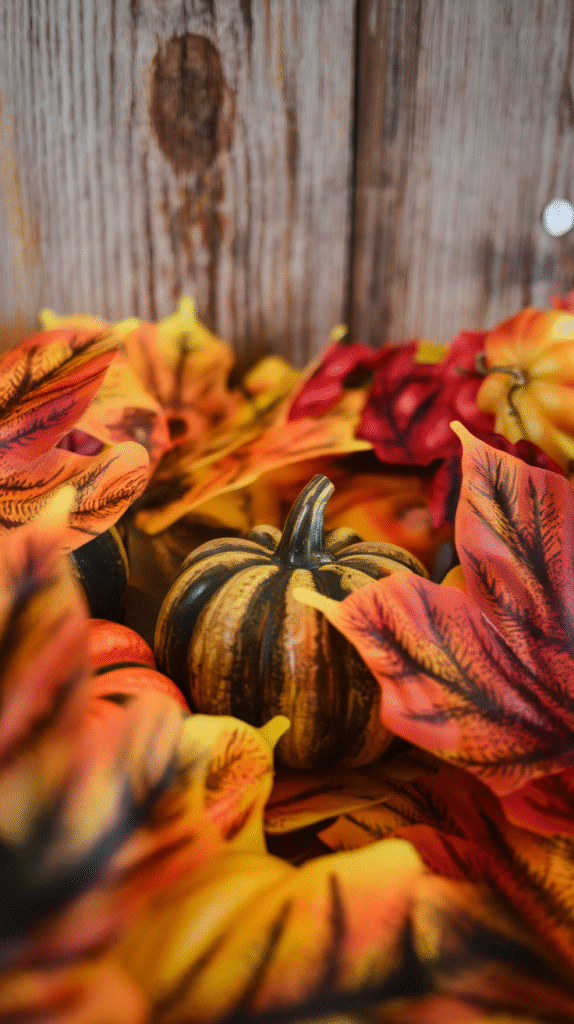 a-photo-of-a-close-up-macro-shot-of-arti_ZysnJnPnTeGl1IvIMFPNnw_fsPa1nUbR027pYBVG4Vu_g Close-up macro shot of artificial autumn leaves arranged around mini pumpkins, showing the natural textures and warm fall colors.