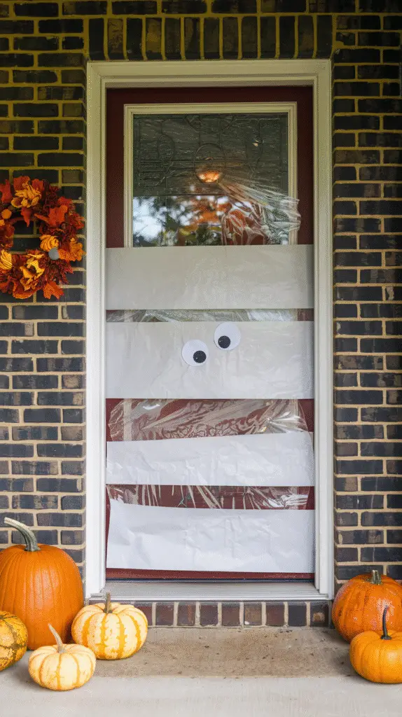 a-photo-of-a-front-door-wrapped-in-white_Z4ndQ2P5TwWglZq-FENkXA_-_4lYLuqRB-itMjzExUH8g Front door wrapped in white paper with googly eyes peeking through, fall wreath off to the side, with scattered pumpkins on the porch.