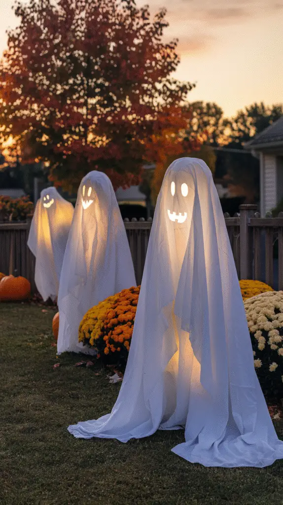 a-photo-of-a-front-yard-at-dusk-with-thr_tnUmo1ogSWyoI01atXyzKQ_JSCe-Jj6SJ-Q37yLuz6jMg Front yard at dusk with three standing ghosts made from white sheets glowing softly, with pumpkins and fall mums in the background.