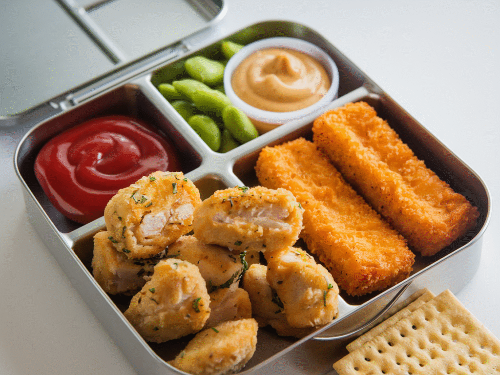 a-photo-of-a-lunchbox-containing-mini-ho_yqmxbXNZTKOPUJc6EuAiBA_Woj6s7y4SE6Opwy0VcdljA A lunchbox with mini homemade chicken nuggets or fish sticks (cold), alongside a small container of ketchup or honey mustard for dipping. Also, some edamame pods and a few crackers.