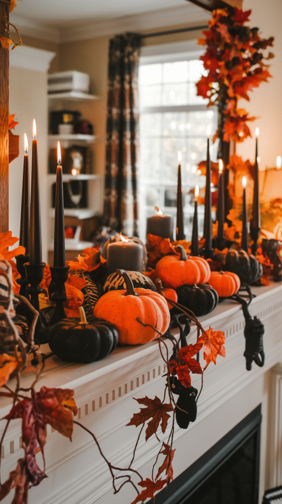 a-pinterest-style-flat-lay-photo-of-a-wa_OraeygnsQhK98b-9a0oS0w_Gm9g3yjpQuK-jMA-Y_SJQQ A warm, inviting mantel decorated with orange and black Halloween decorations, mini pumpkins, autumn leaves, and candles, with a cozy living room background. Natural lighting, Pinterest-style flat lay composition.
