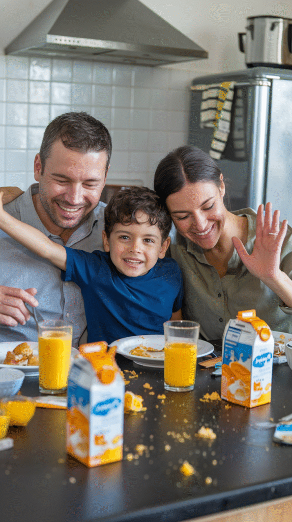 0002_1_a-photo-of-a-family-enjoying-a-breakfast_5j2jRqU7RJK-mXudu3ukQA_9P9RdgHfSwGSruWt3wTVXQ A realistic morning scene showing minor breakfast chaos - maybe some spilled orange juice, crumbs on the counter, but a family still laughing together. Authentic, imperfect, but joyful moment that shows real family life.