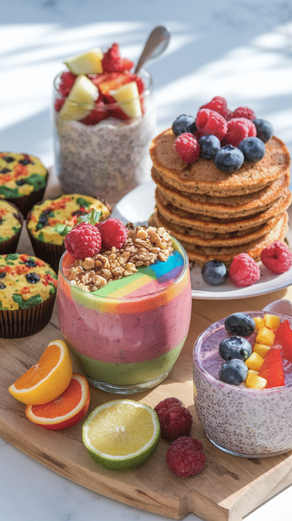 0005_1_a-photo-of-a-vibrant-spread-of-colorful-_cZ6cRXI-ROubKu5xvJLhuA_SBW-0_YaRPWoFboIB3FY2g A vibrant spread of colorful, healthy breakfast foods that look appealing - rainbow smoothie bowls, whole grain pancakes with fresh berries, veggie-packed egg muffins, chia seed pudding with fruit, all photographed in natural light with a clean, fresh aesthetic.