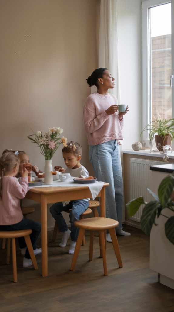 0006_1_a-serene-morning-scene-in-a-cozy-kitchen_3aK-D-hbQUCakw7jdk2B1w_fR_VR_0wSMmr2fYa8uEj9g A serene morning scene showing a mom taking a deep breath while holding a cup of coffee, children calmly eating breakfast in the background. Soft, peaceful lighting that conveys tranquility and mindfulness in the morning routine.