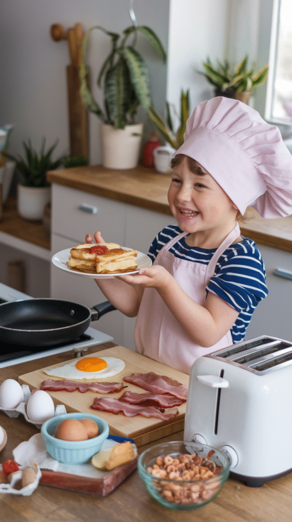 0007_1_a-photo-of-a-child-holding-up-a-breakfas_MOV2mMYiSySt4xXKguEmVA_PmTwn7zcTLmi1UYhiObl3Q A proud child holding up a breakfast they helped prepare, beaming with accomplishment. Kitchen setting with ingredients and cooking tools around them, capturing the joy of independence and contribution.