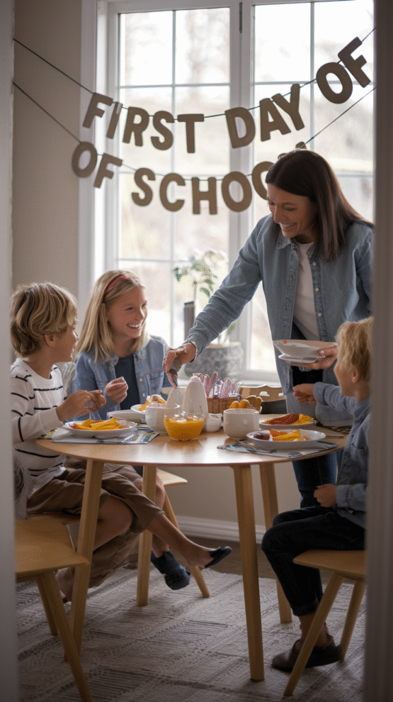 0011_1_a-photo-of-a-family-around-the-breakfast_2uzbytT6RbS6WZxtbiBzqg_E2Y8ye-0TzutRTVzoFG_BQ A heartwarming scene of a family around the breakfast table with a "First Day of School" banner hung above, kids wearing their new school clothes, mom serving breakfast with a big smile. Cozy, authentic family moment captured in soft morning light.