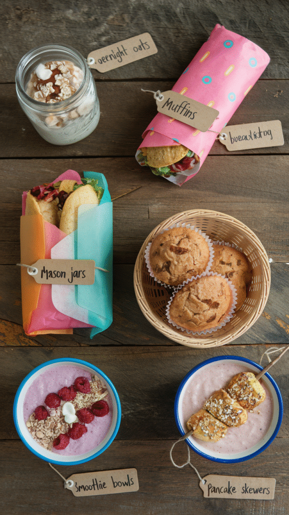 0013_1_a-styled-flat-lay-photo-of-5-6-different_Zk90bEJCRNaOQRRjwOJuCQ_a1nuMFsRT2eOYagiw88H4Q A styled flat lay of 5-6 different quick breakfast options on a rustic wooden background - overnight oats in mason jars, breakfast burritos wrapped in colorful paper, muffins in a cute basket, smoothie bowls with toppings, and pancake skewers. Each item labeled with cute handwritten tags.